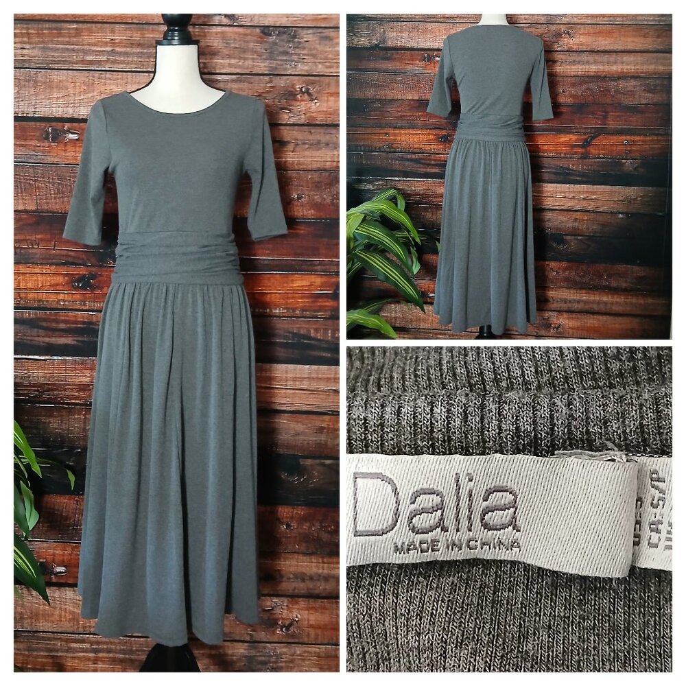 Dalia Midi Sweater Dress S Gray Knit Smocked Waist Half Sleeve Full Skirt